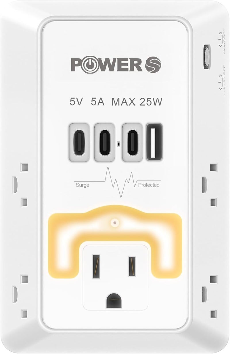 POWERS Electrical Outlet Extender with USB Ports (3C1A), Snug Wall Outlet with Night Light, Surge Protector, Wall Plug Adapter for Multiple Devices, Wall Socket Expander - Image 1
